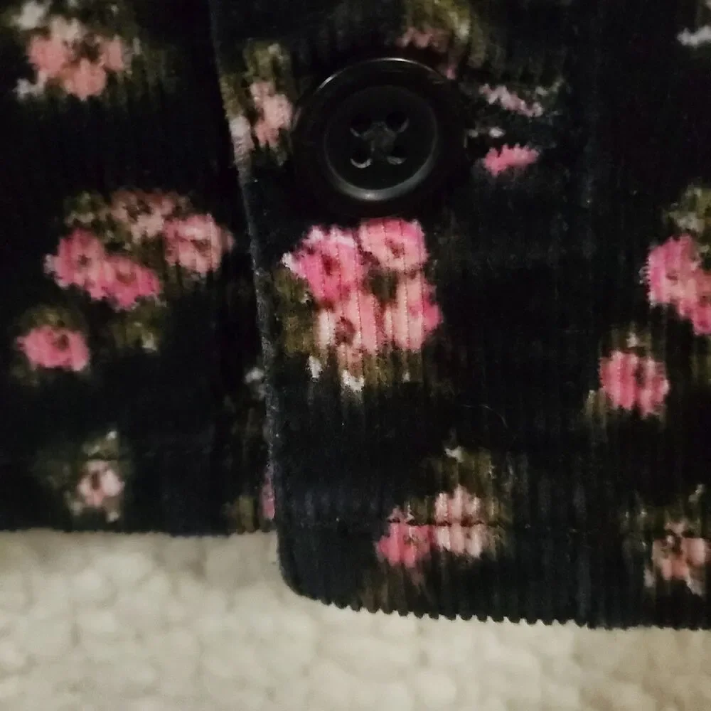 The Children's Place Girls Corduroy Jumper Dress Sz 10 Black Pink Floral Overall